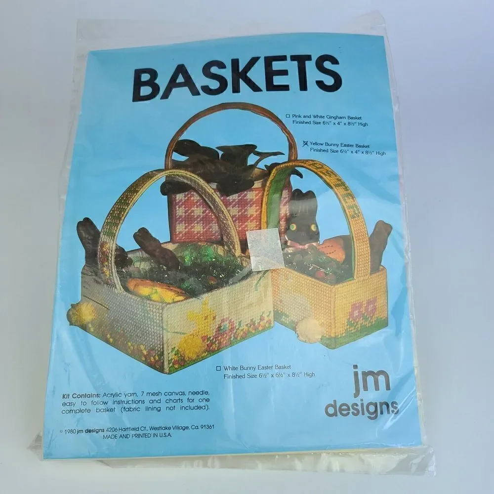 Vintage 1980 JM Designs Yarn Easter Basket Craft Kit Yellow bunny